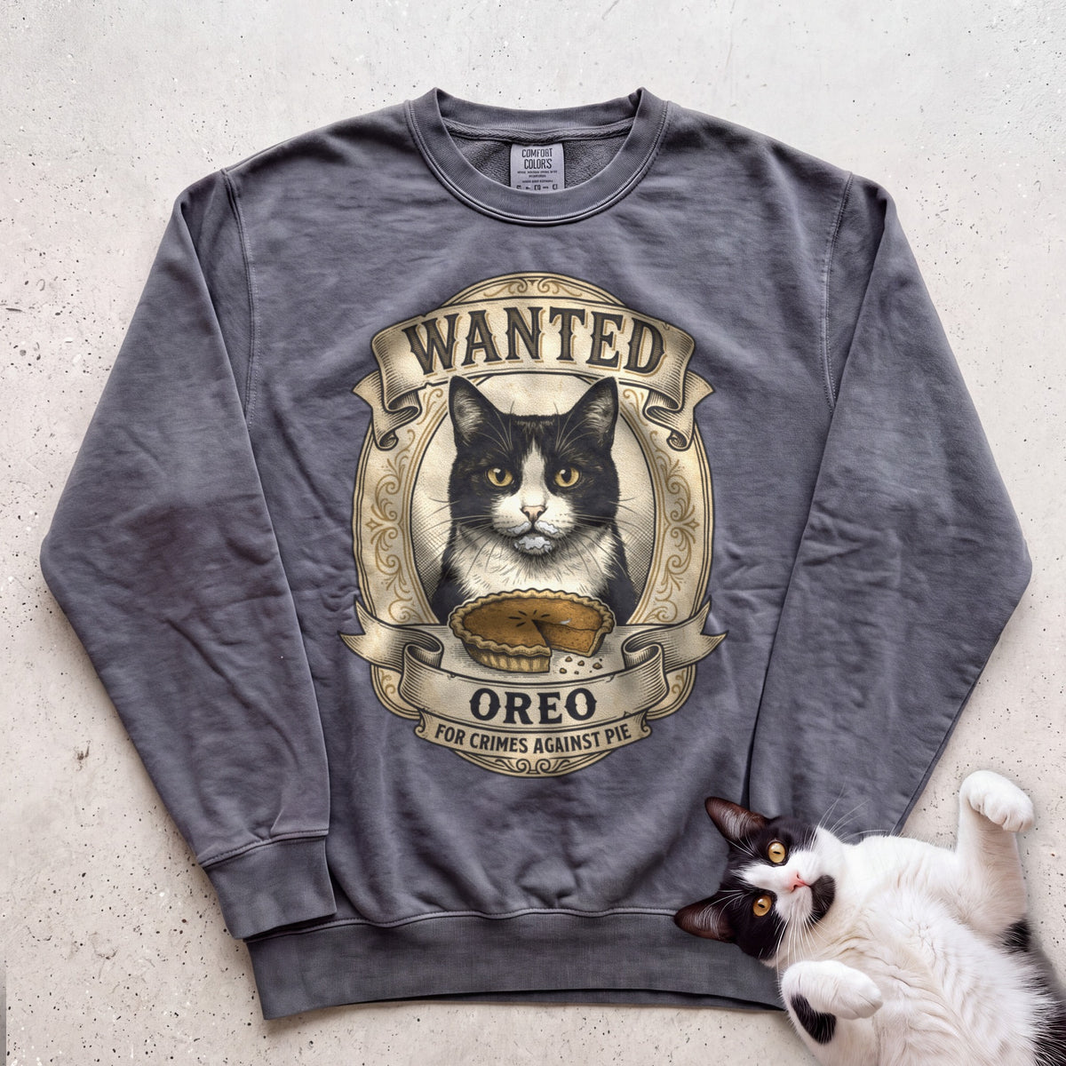 Personalized Wanted for Crimes Against Pie Cat Sweatshirt - Pepper