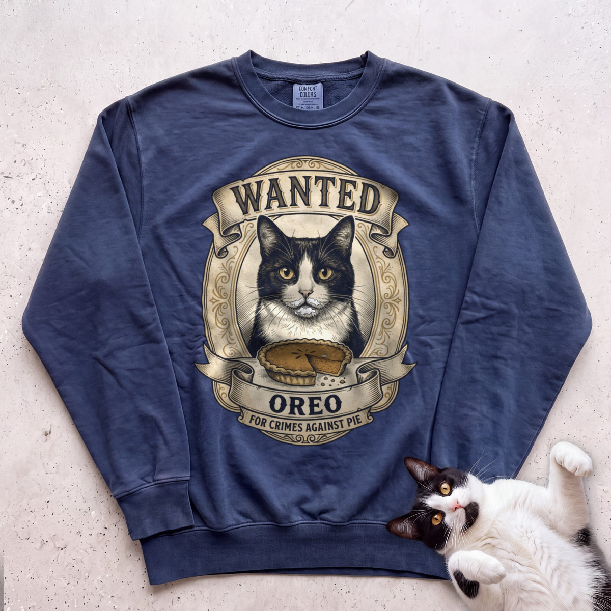 Personalized Wanted for Crimes Against Pie Cat Sweatshirt - True Navy