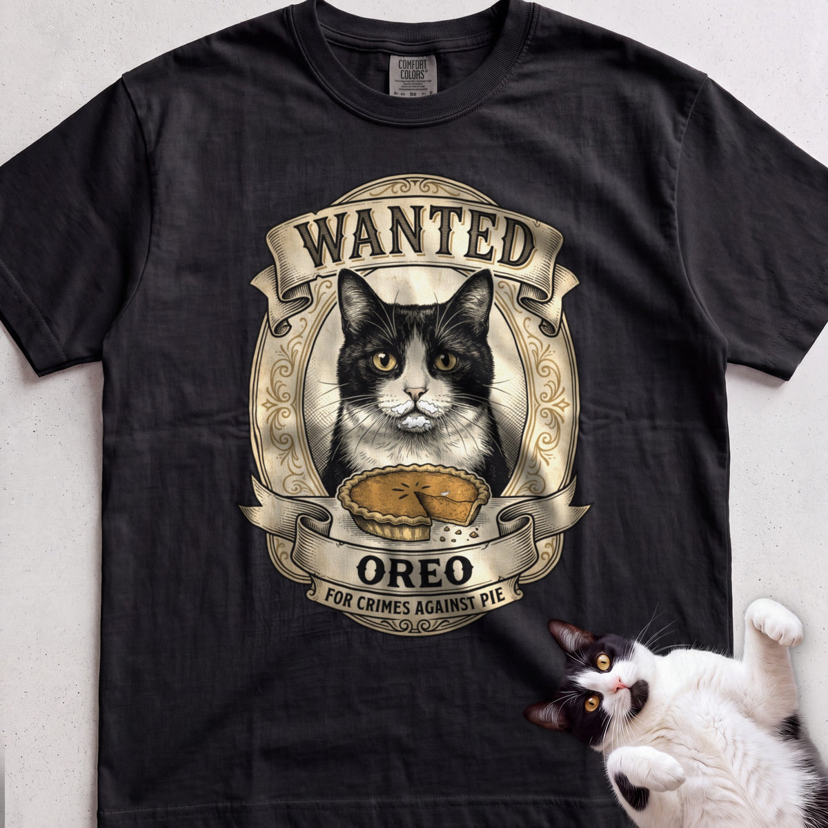 Personalized Wanted for Crimes Against Pie Cat T-Shirt - Black