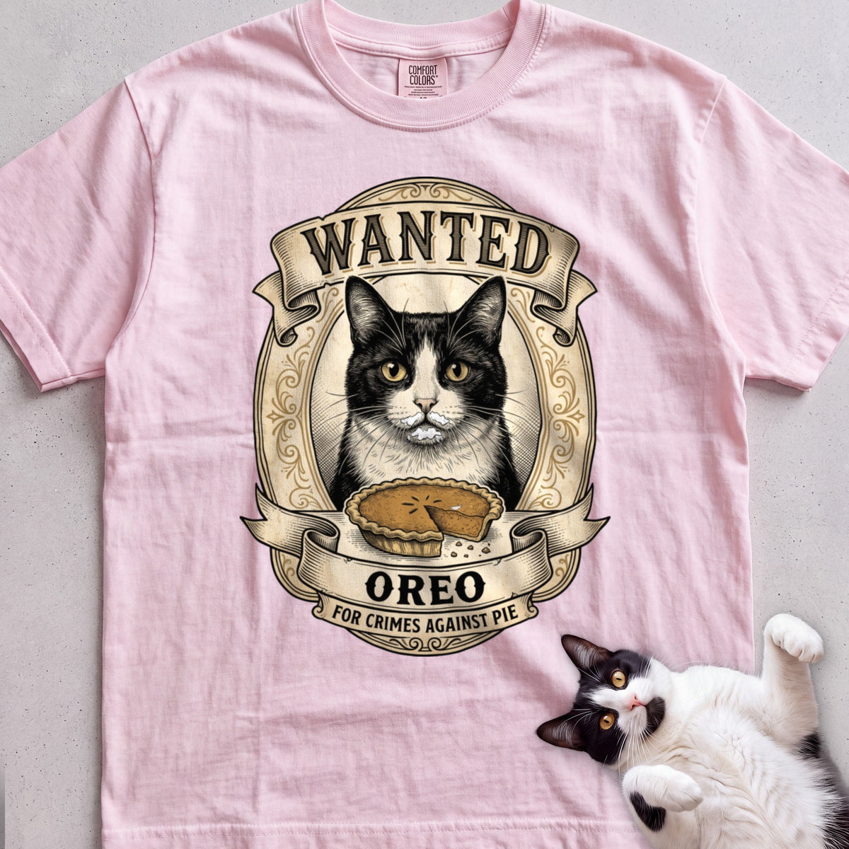 Personalized Wanted for Crimes Against Pie Cat T-Shirt - Blossom