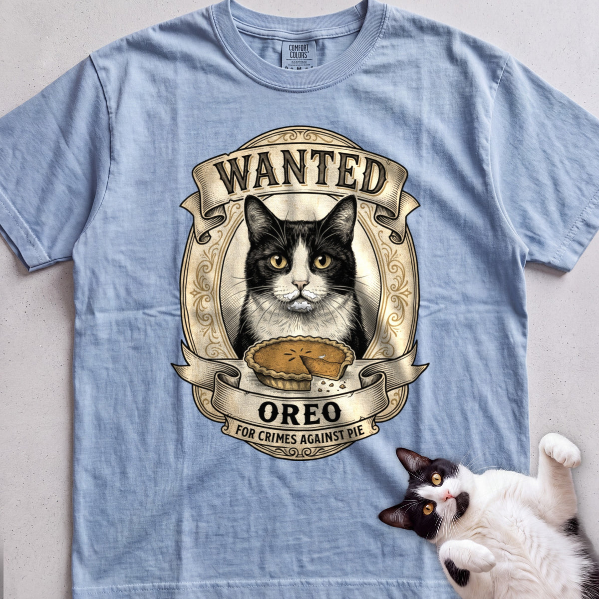 Personalized Wanted for Crimes Against Pie Cat T-Shirt - Chambray