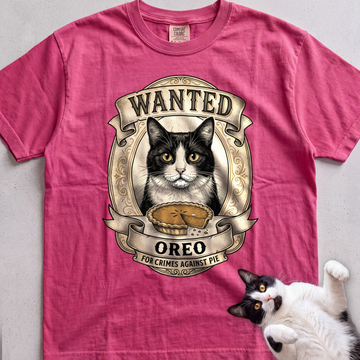Personalized Wanted for Crimes Against Pie Cat T-Shirt - Crunchberry