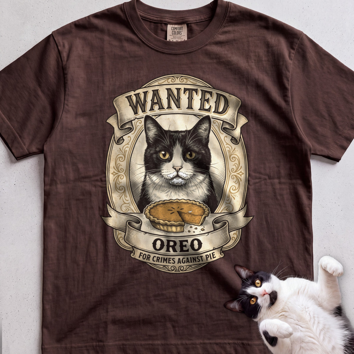 Personalized Wanted for Crimes Against Pie Cat T-Shirt - Espresso
