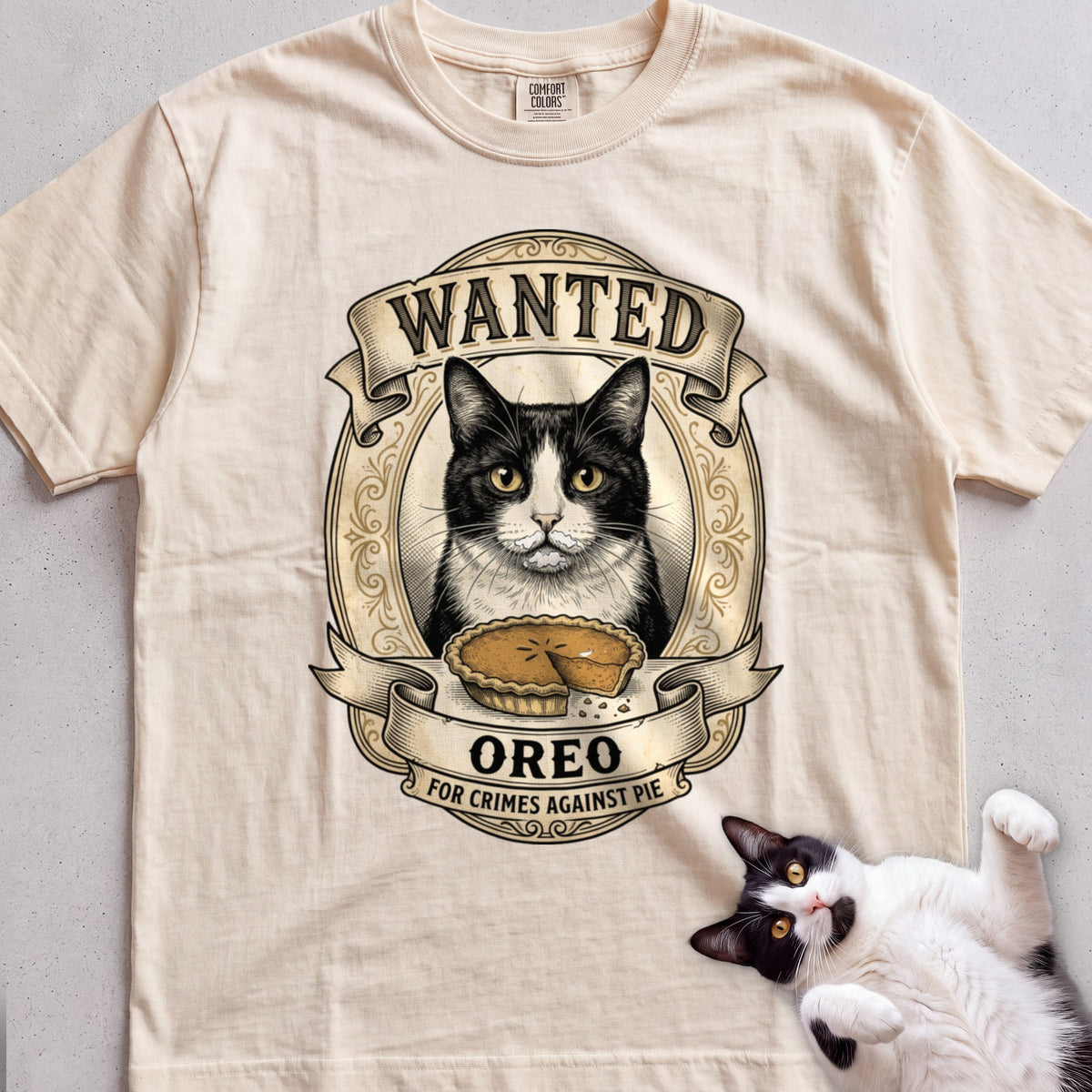 Personalized Wanted for Crimes Against Pie Cat T-Shirt - Ivory