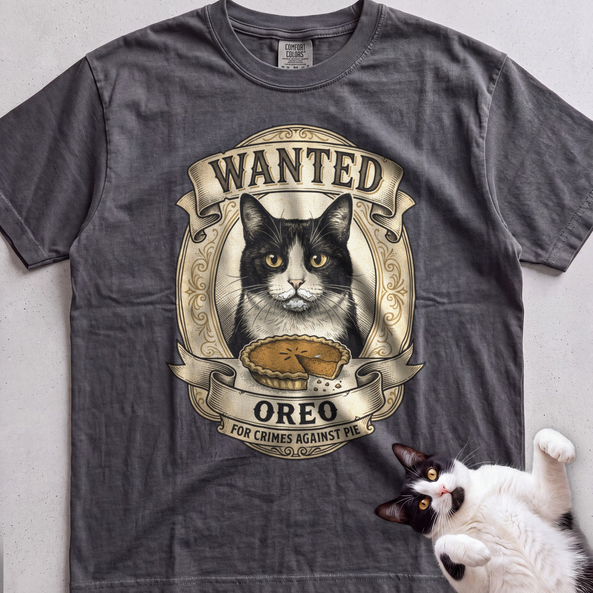 Personalized Wanted for Crimes Against Pie Cat T-Shirt - Pepper