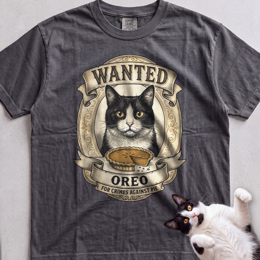 Personalized Wanted for Crimes Against Pie Cat T-Shirt - Pepper