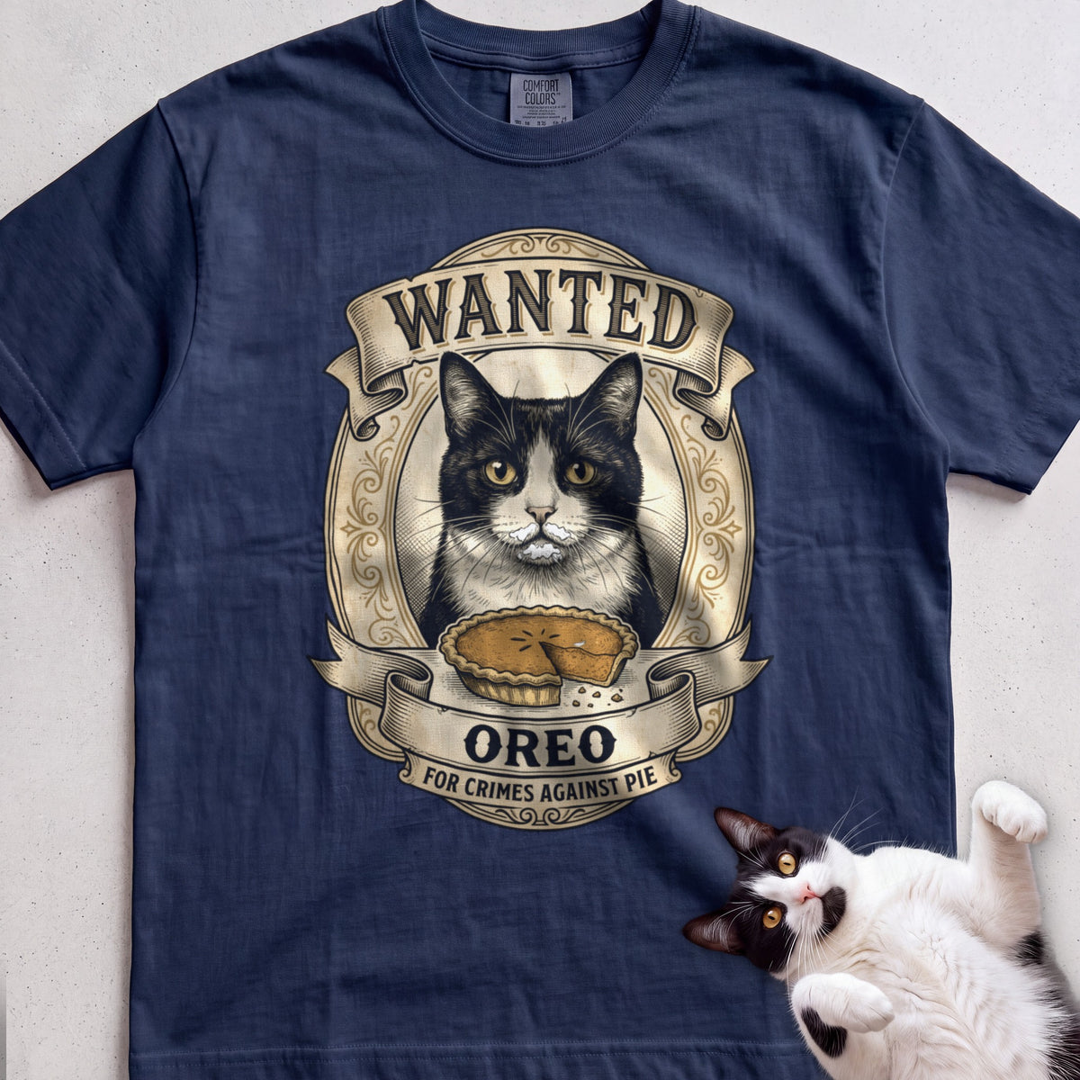 Personalized Wanted for Crimes Against Pie Cat T-Shirt - True Navy