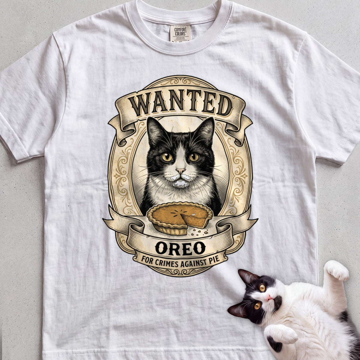 Personalized Wanted for Crimes Against Pie Cat T-Shirt - White