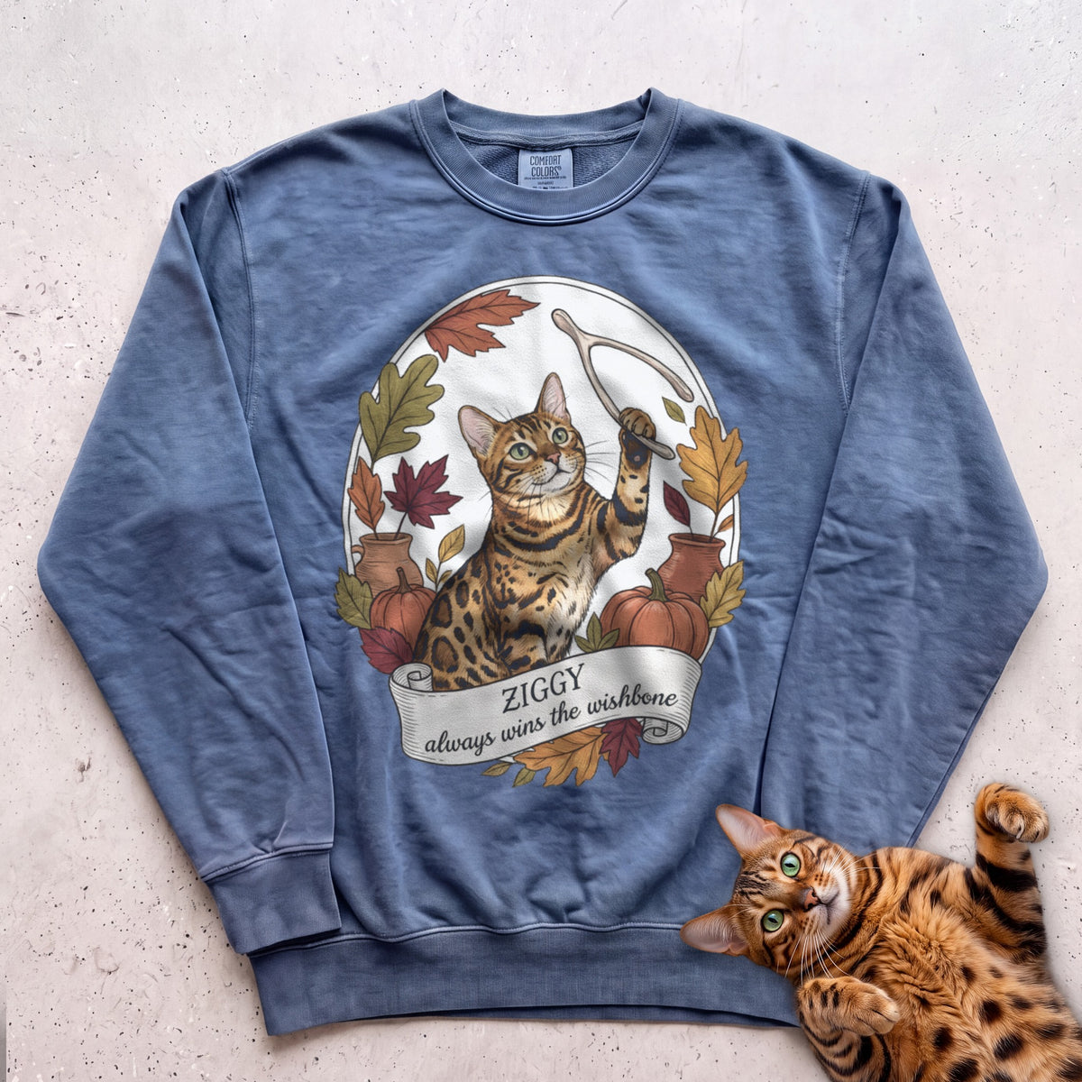 Personalized Wishbone Winner Cat Sweatshirt - Blue Jean