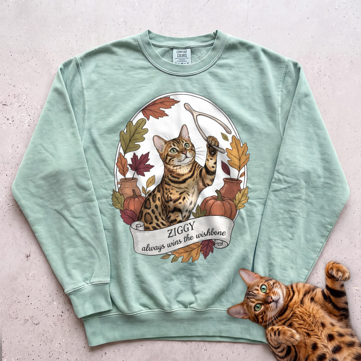 Personalized Wishbone Winner Cat Sweatshirt - Light Green