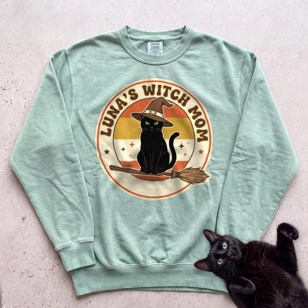Personalized Witch Mom Cat Sweatshirt - Light Green