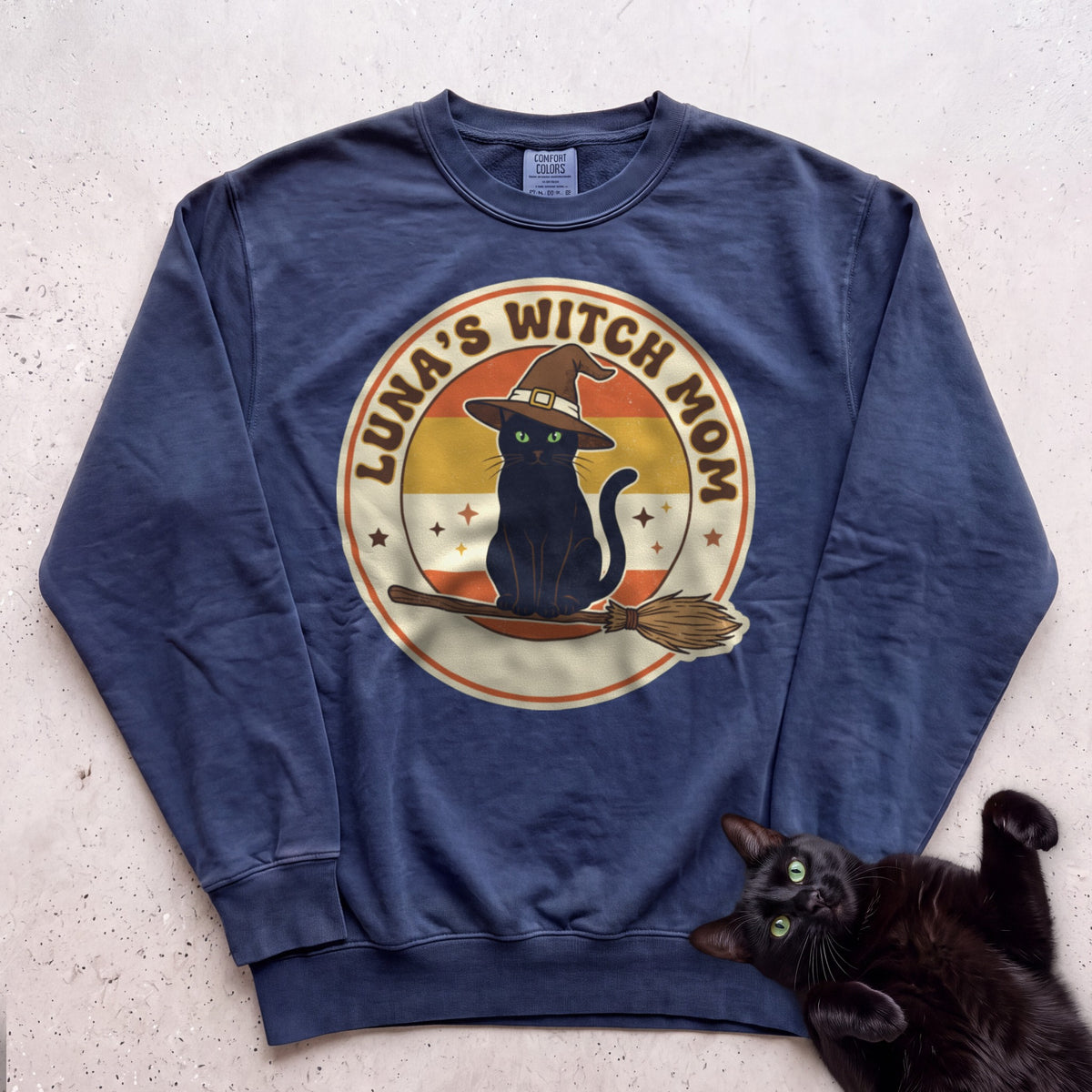 Personalized Witch Mom Cat Sweatshirt - True Navy