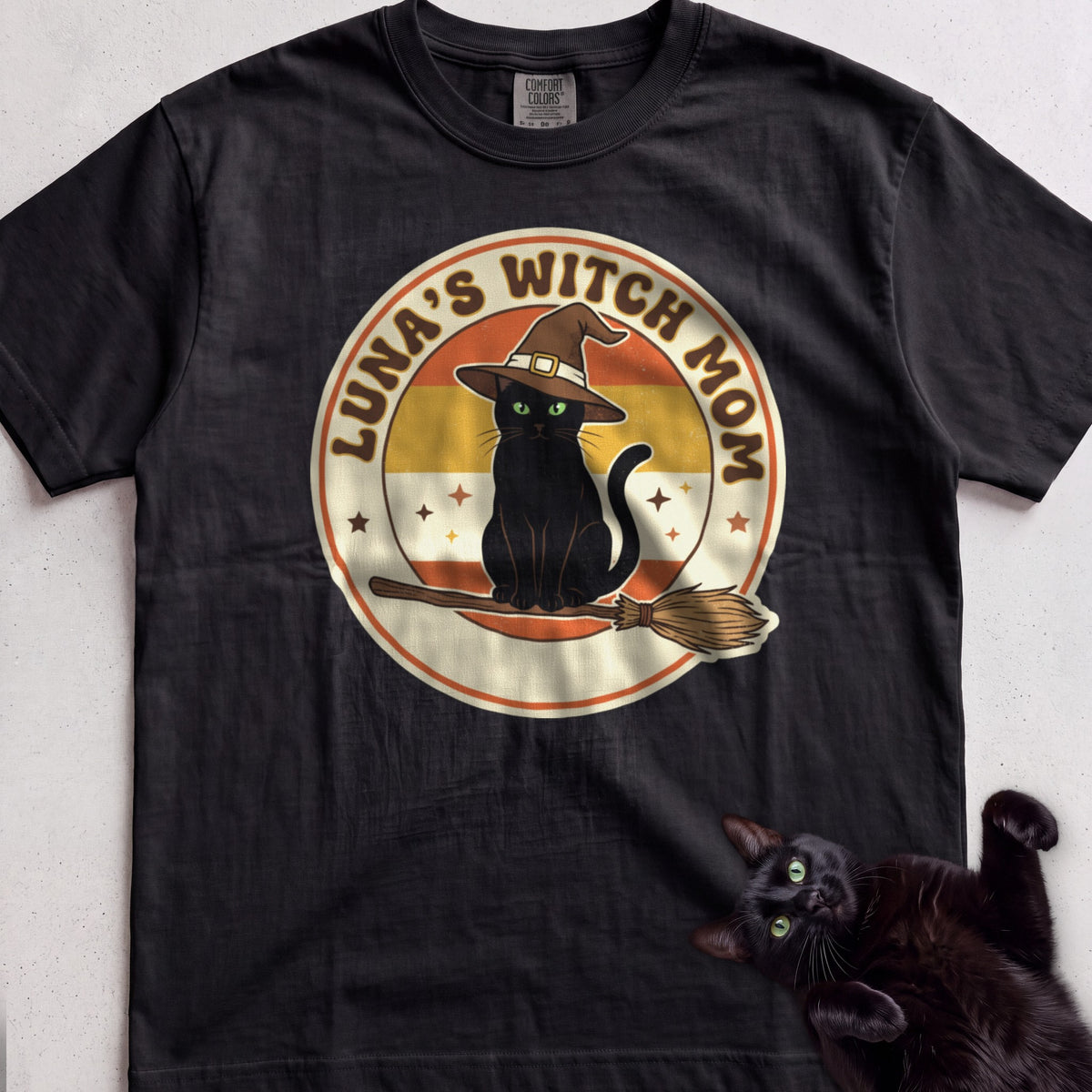 Personalized Witch Mom Cat T-Shirt - Black