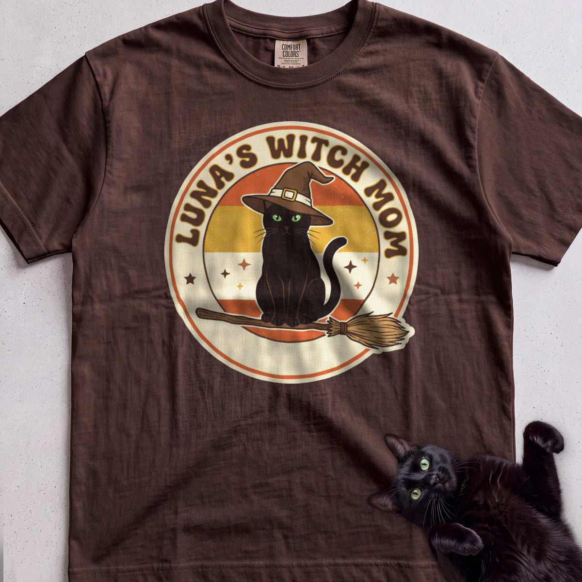 Personalized Witch Mom Cat T-Shirt - Espresso
