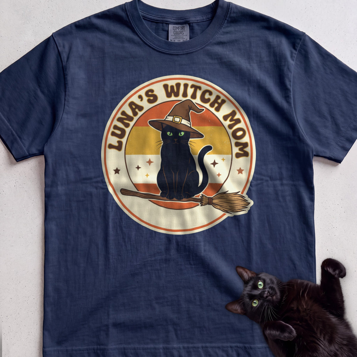 Personalized Witch Mom Cat T-Shirt - True Navy