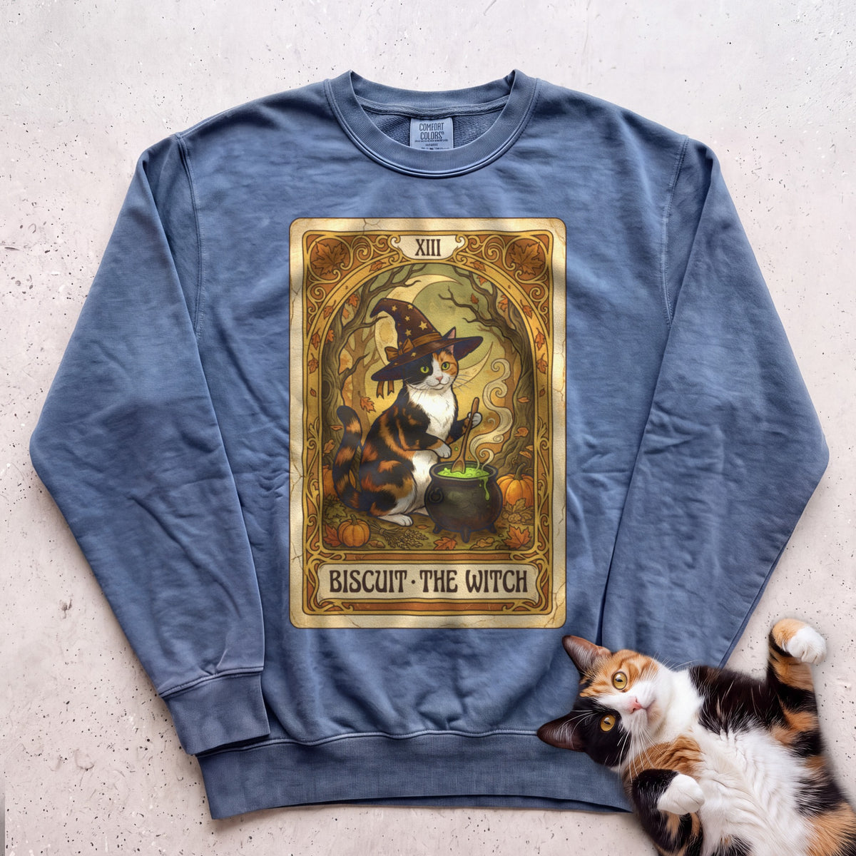 Personalized Witch Tarot Cat Sweatshirt - Blue Jean