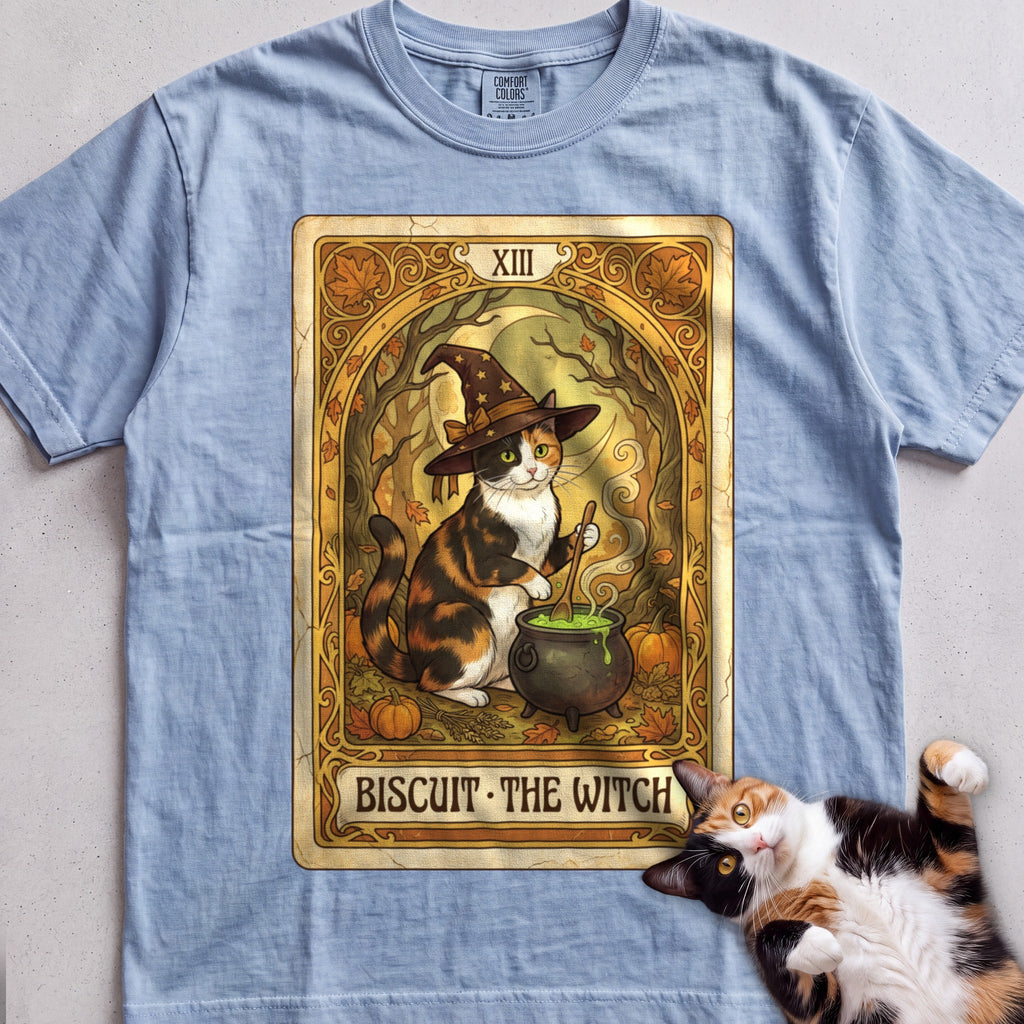 Personalized Witch Tarot Cat T-Shirt - Chambray
