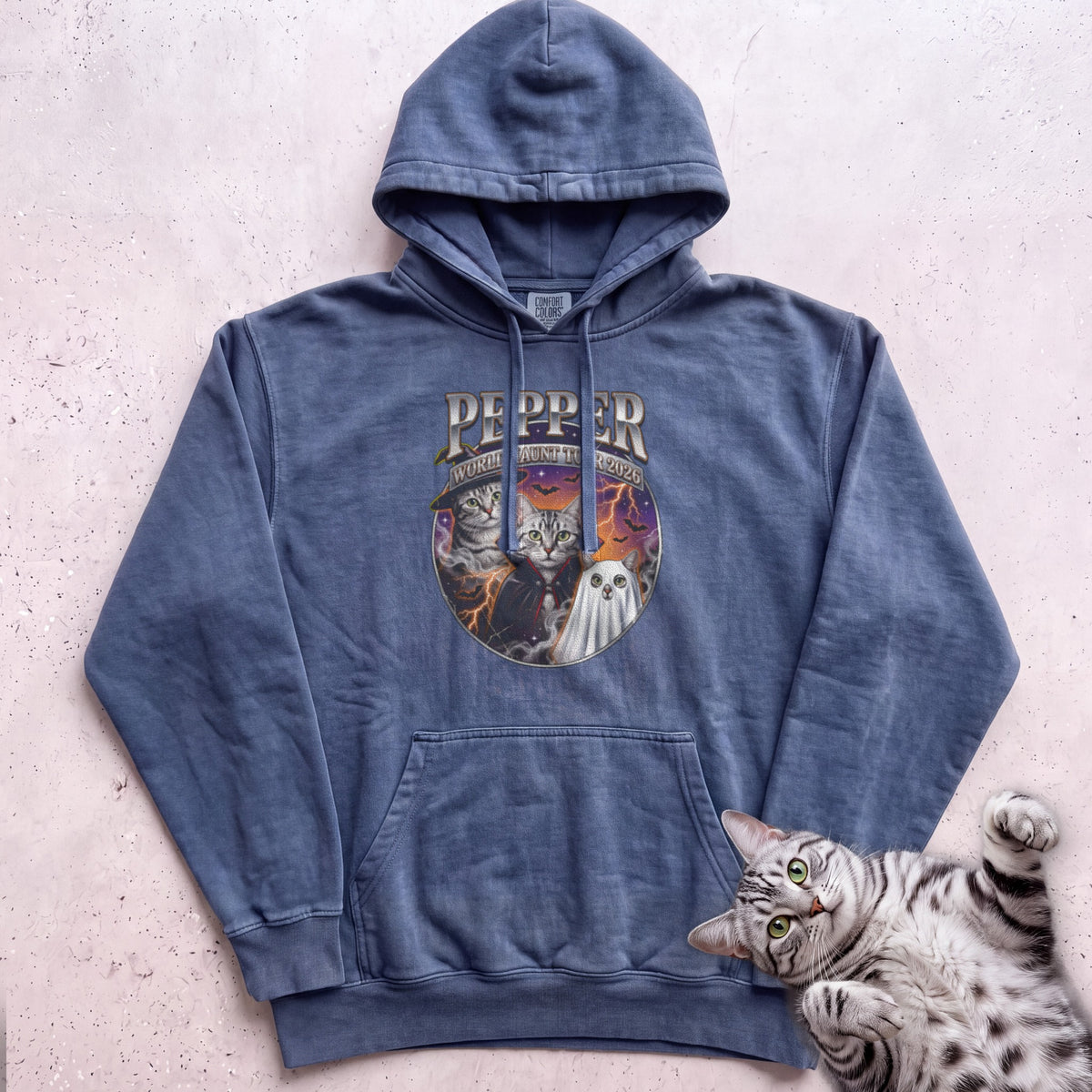 Personalized World Haunt Tour Cat Hoodie - Denim