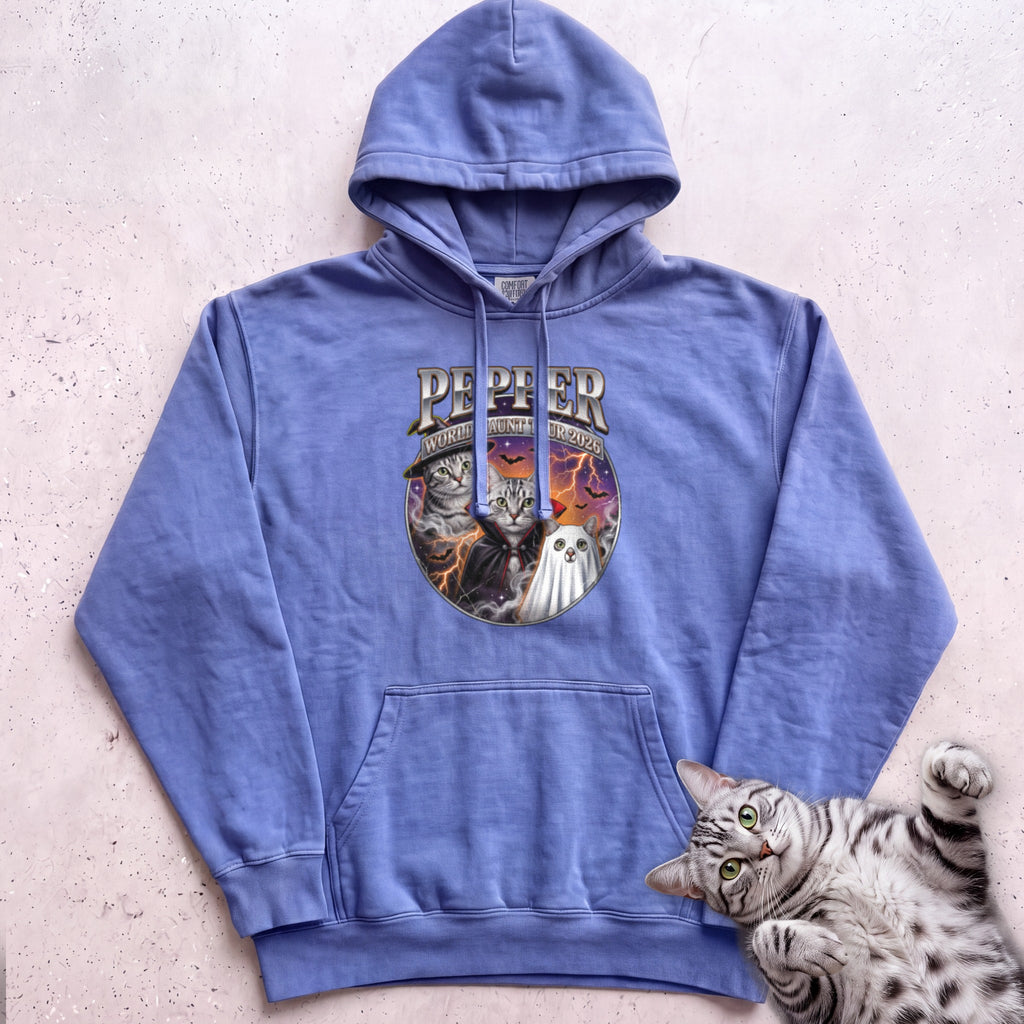 Personalized World Haunt Tour Cat Hoodie - Flo Blue
