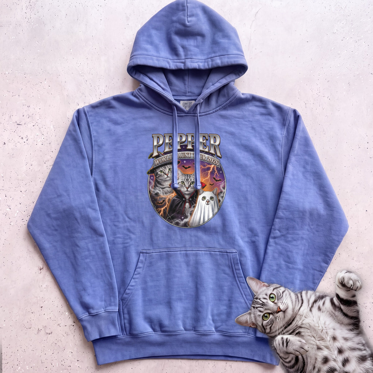 Personalized World Haunt Tour Cat Hoodie - Flo Blue