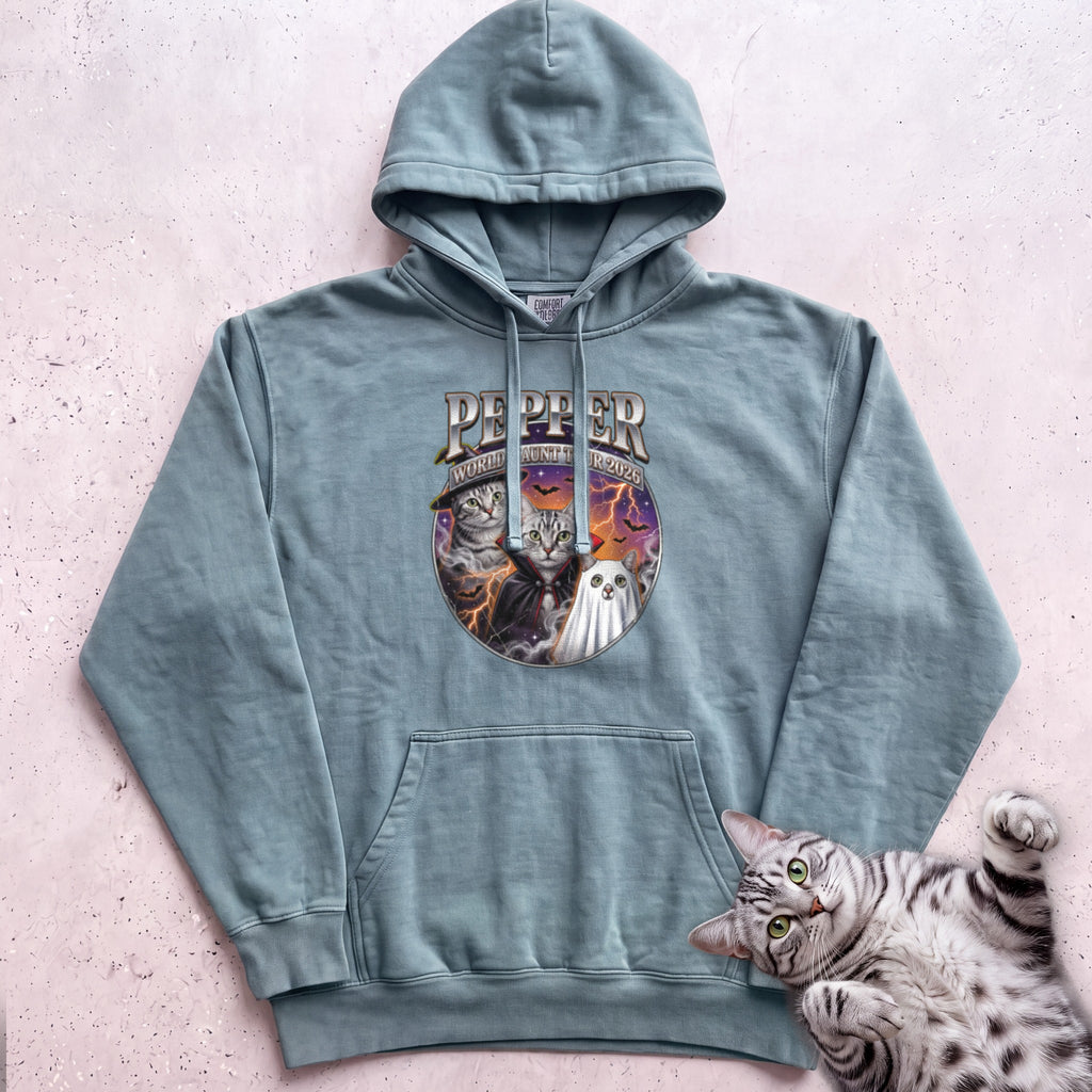 Personalized World Haunt Tour Cat Hoodie - Seafoam
