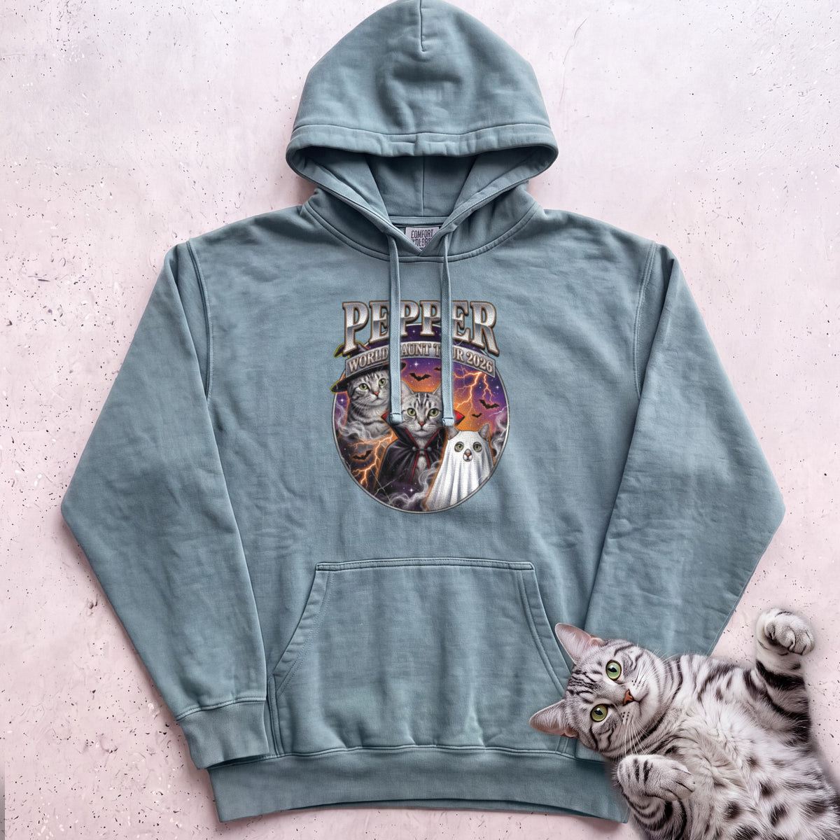 Personalized World Haunt Tour Cat Hoodie - Seafoam