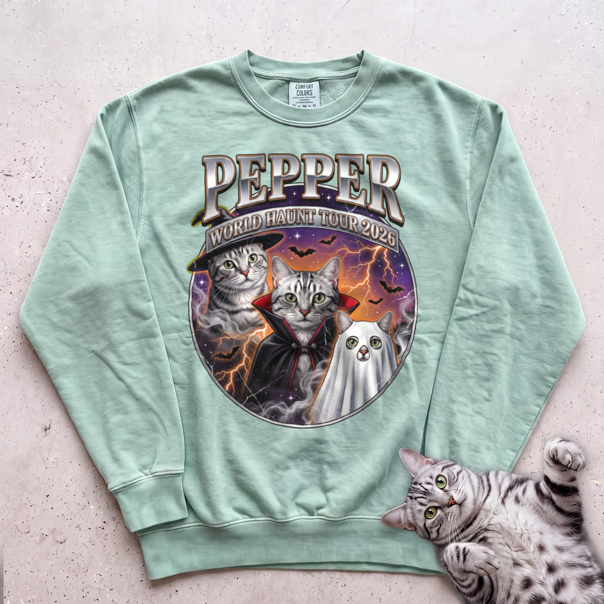 Personalized World Haunt Tour Cat Sweatshirt - Light Green
