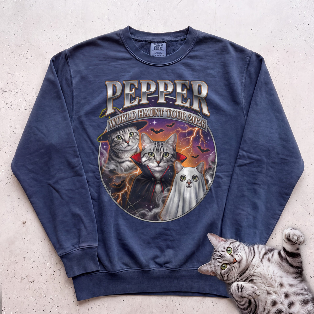Personalized World Haunt Tour Cat Sweatshirt - True Navy
