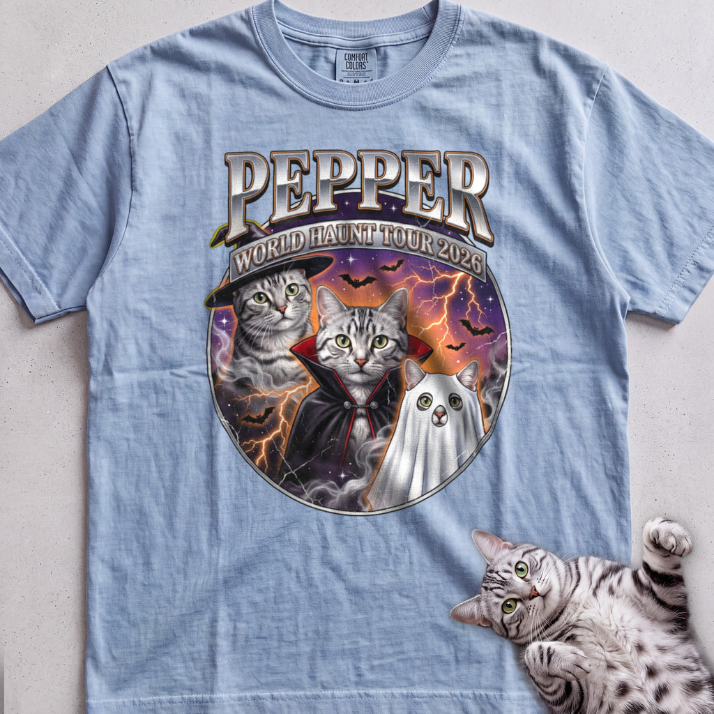 Personalized World Haunt Tour Cat T-Shirt - Chambray