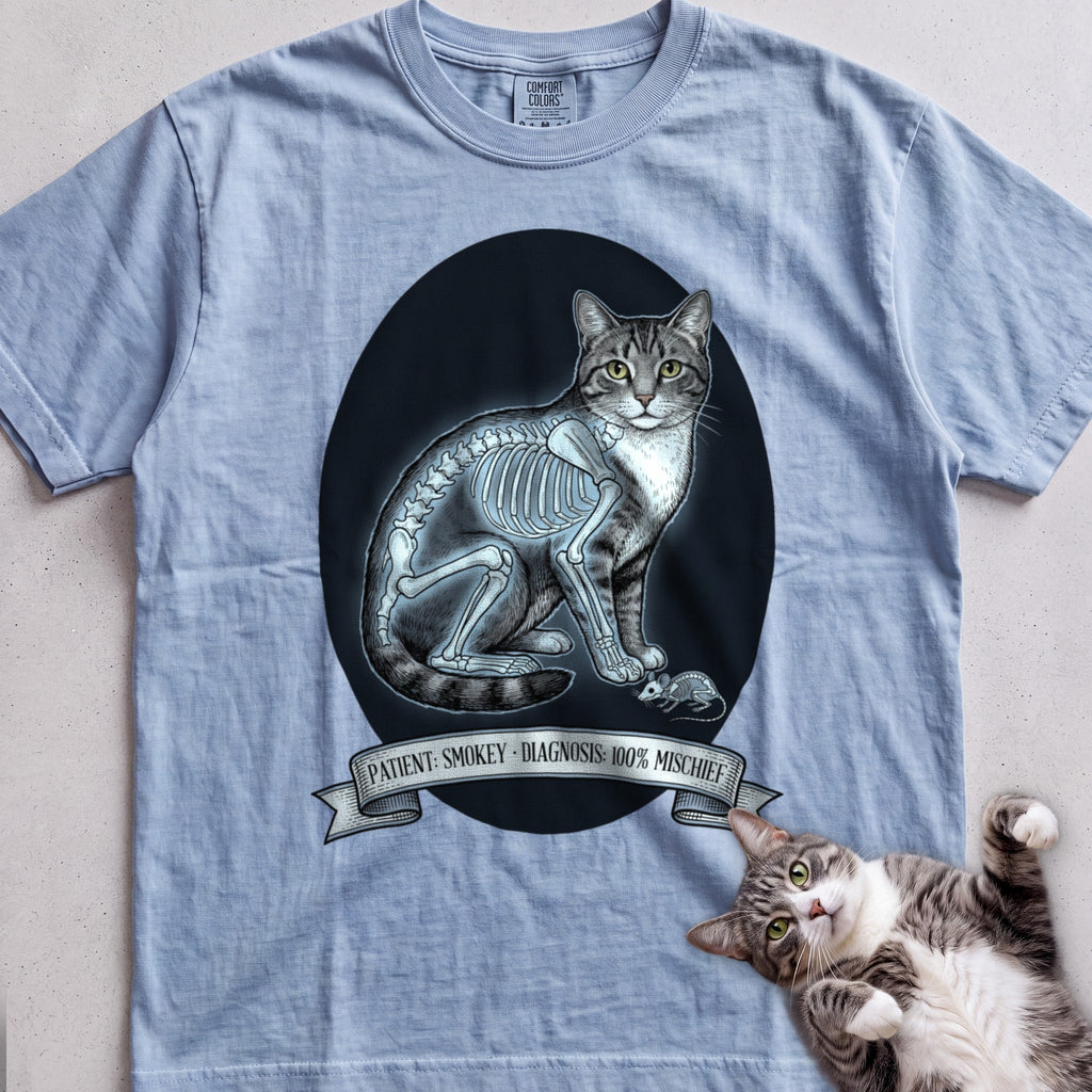 Personalized X-Ray Mischief Diagnosis Cat T-Shirt - Chambray