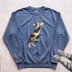 Playful Calico Cat & Butterfly Sweatshirt - Blue Jean