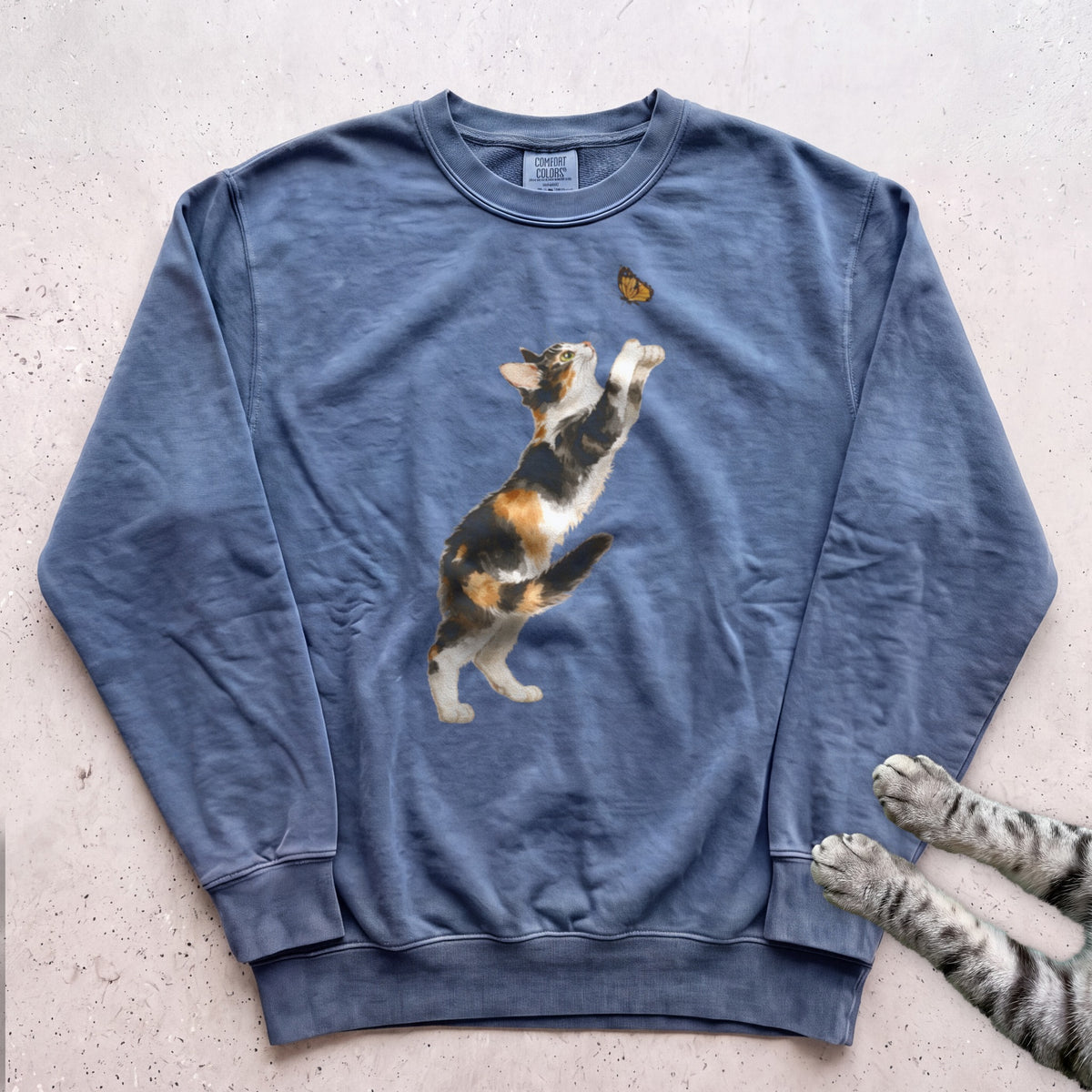 Playful Calico Cat & Butterfly Sweatshirt - Blue Jean