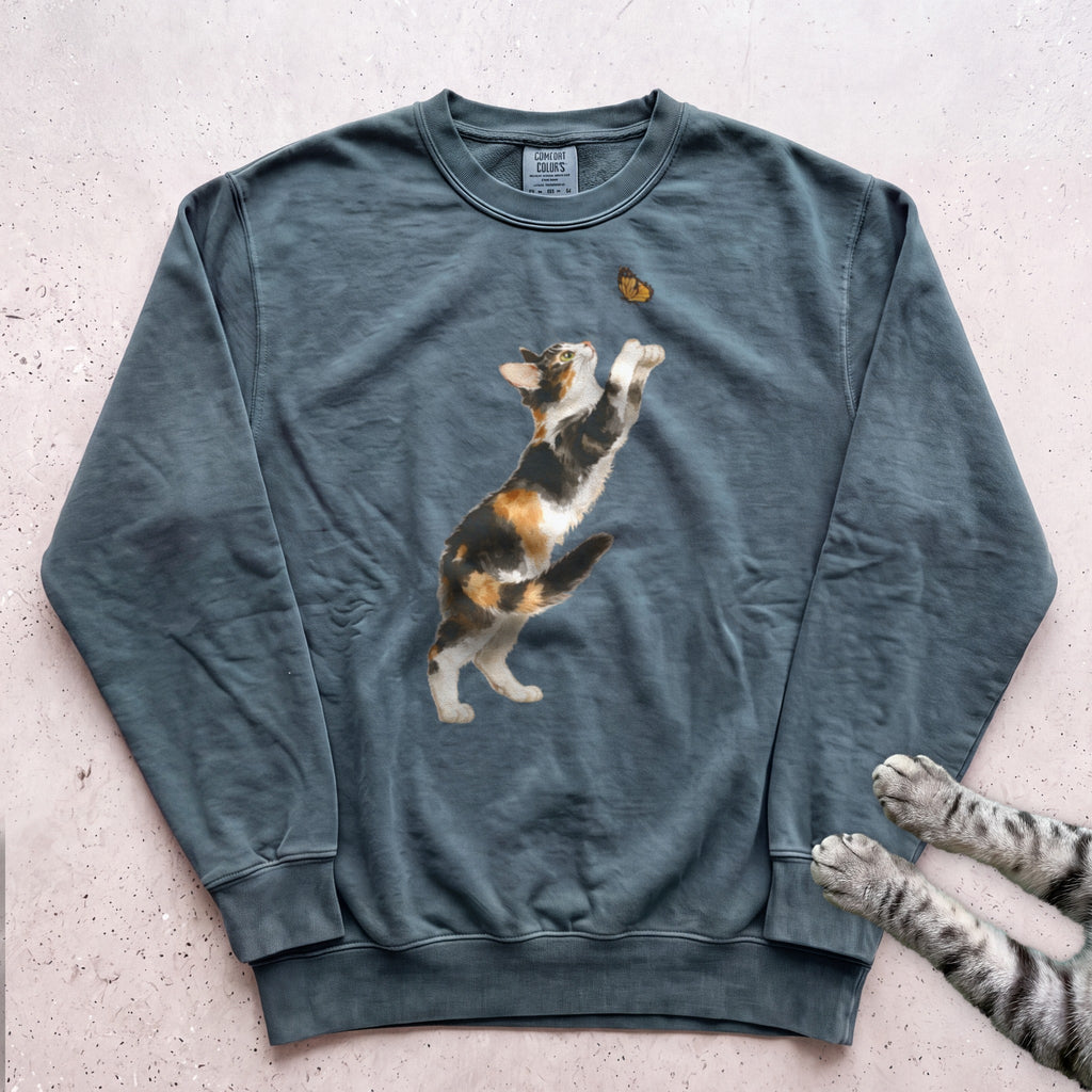 Playful Calico Cat & Butterfly Sweatshirt - Blue Spruce