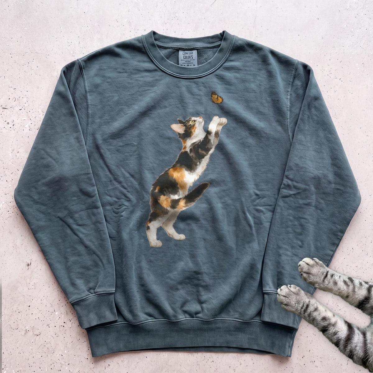 Playful Calico Cat & Butterfly Sweatshirt - Blue Spruce