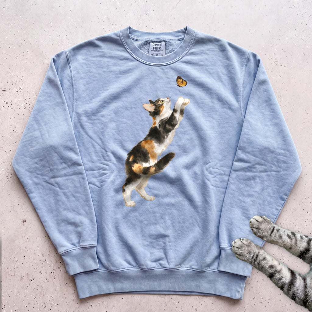 Playful Calico Cat & Butterfly Sweatshirt - Chambray