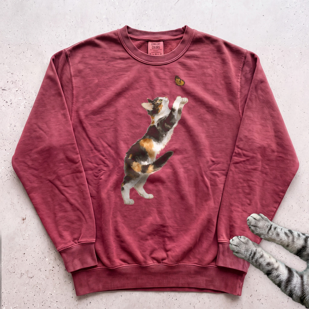 Playful Calico Cat & Butterfly Sweatshirt - Crimson