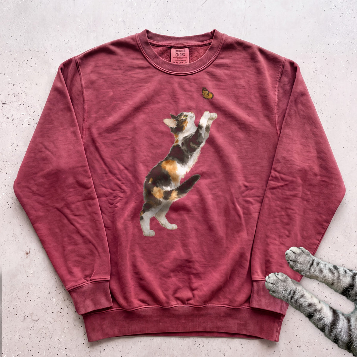 Playful Calico Cat & Butterfly Sweatshirt - Crimson
