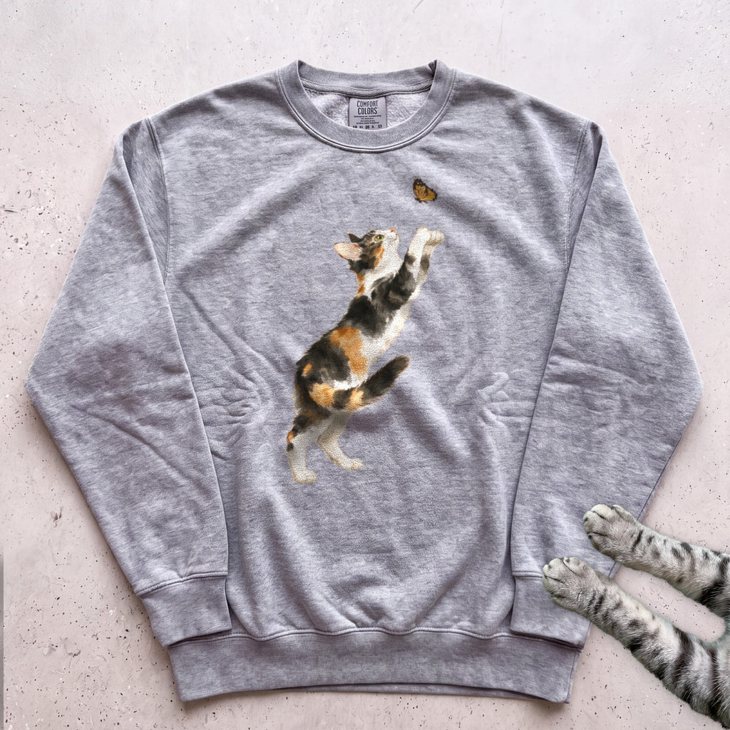 Playful Calico Cat & Butterfly Sweatshirt - Grey