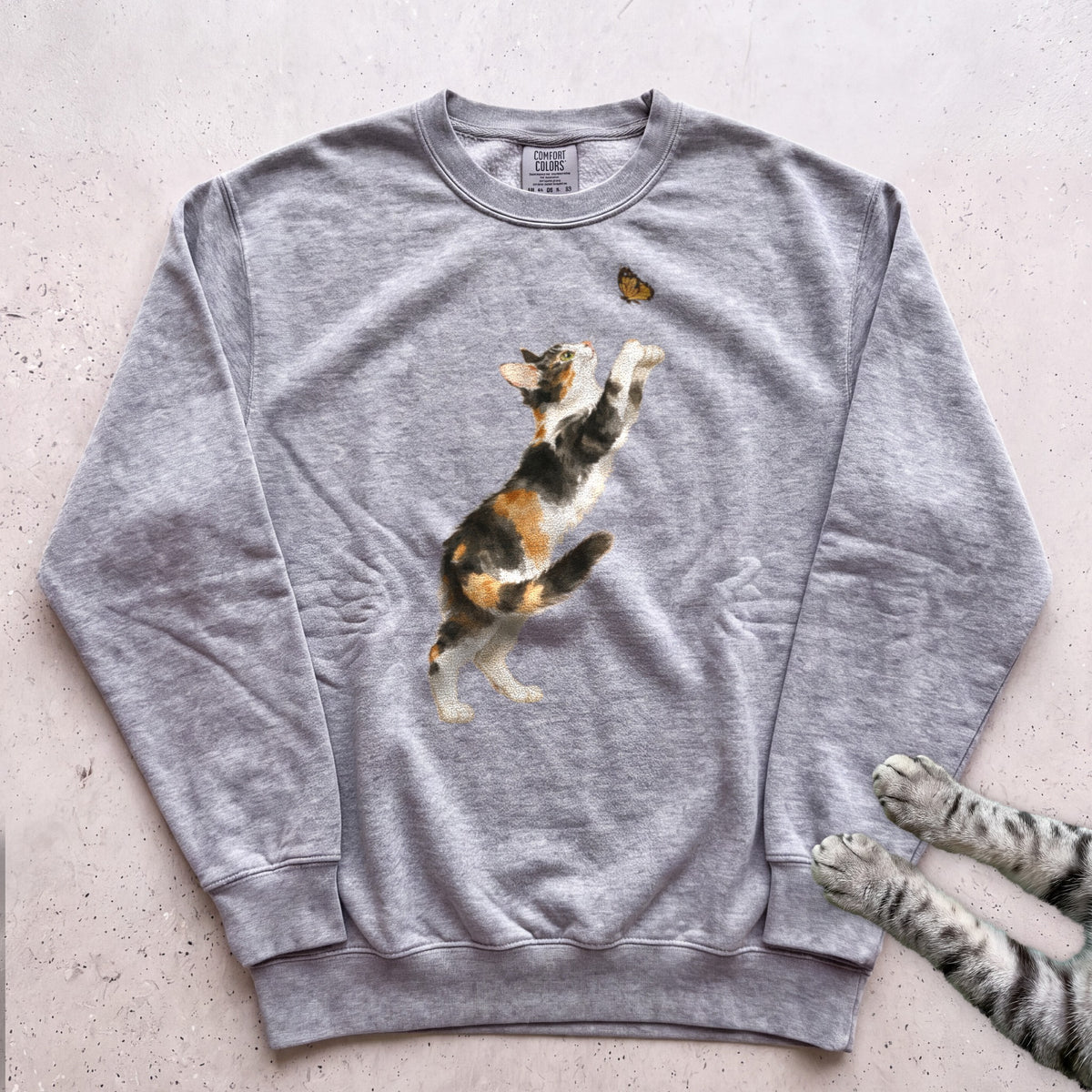 Playful Calico Cat & Butterfly Sweatshirt - Grey