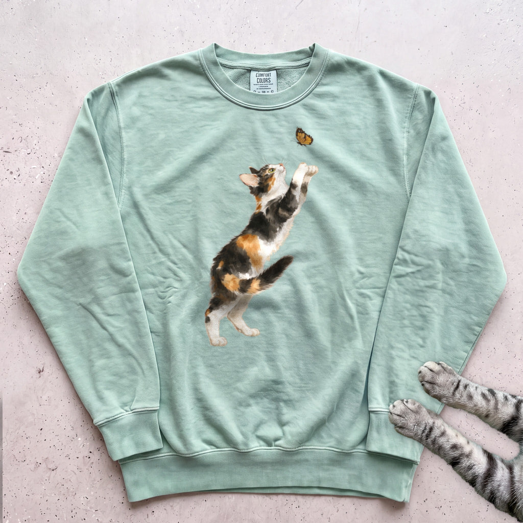 Playful Calico Cat & Butterfly Sweatshirt - Light Green