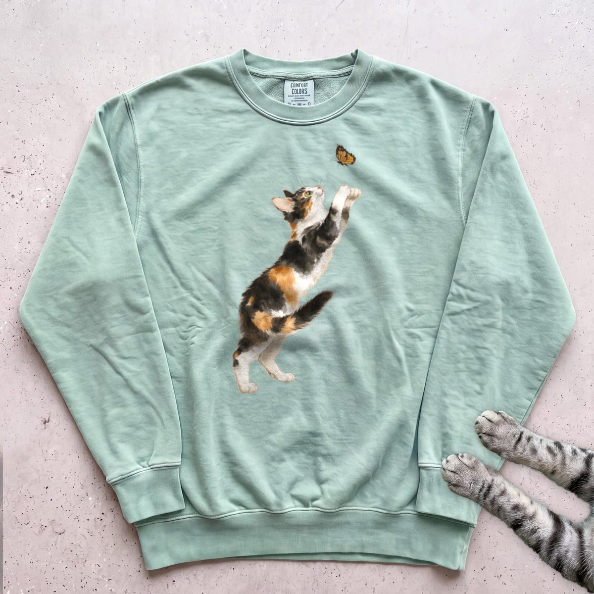 Playful Calico Cat & Butterfly Sweatshirt - Light Green