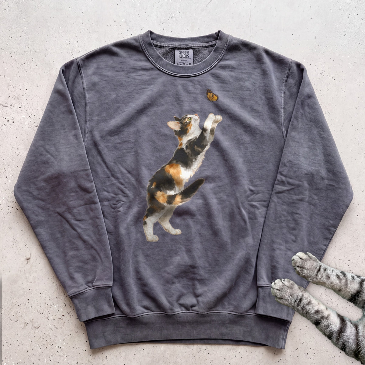 Playful Calico Cat & Butterfly Sweatshirt - Pepper