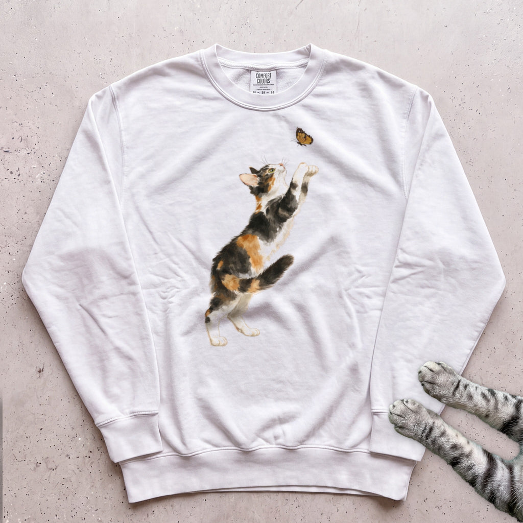 Playful Calico Cat & Butterfly Sweatshirt - White