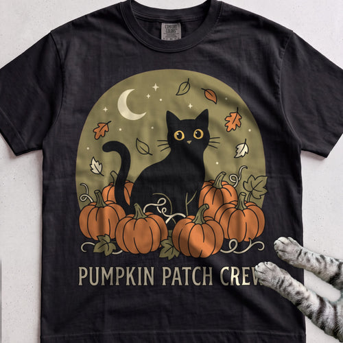 Pumpkin Patch Crew Cat T-Shirt - Black
