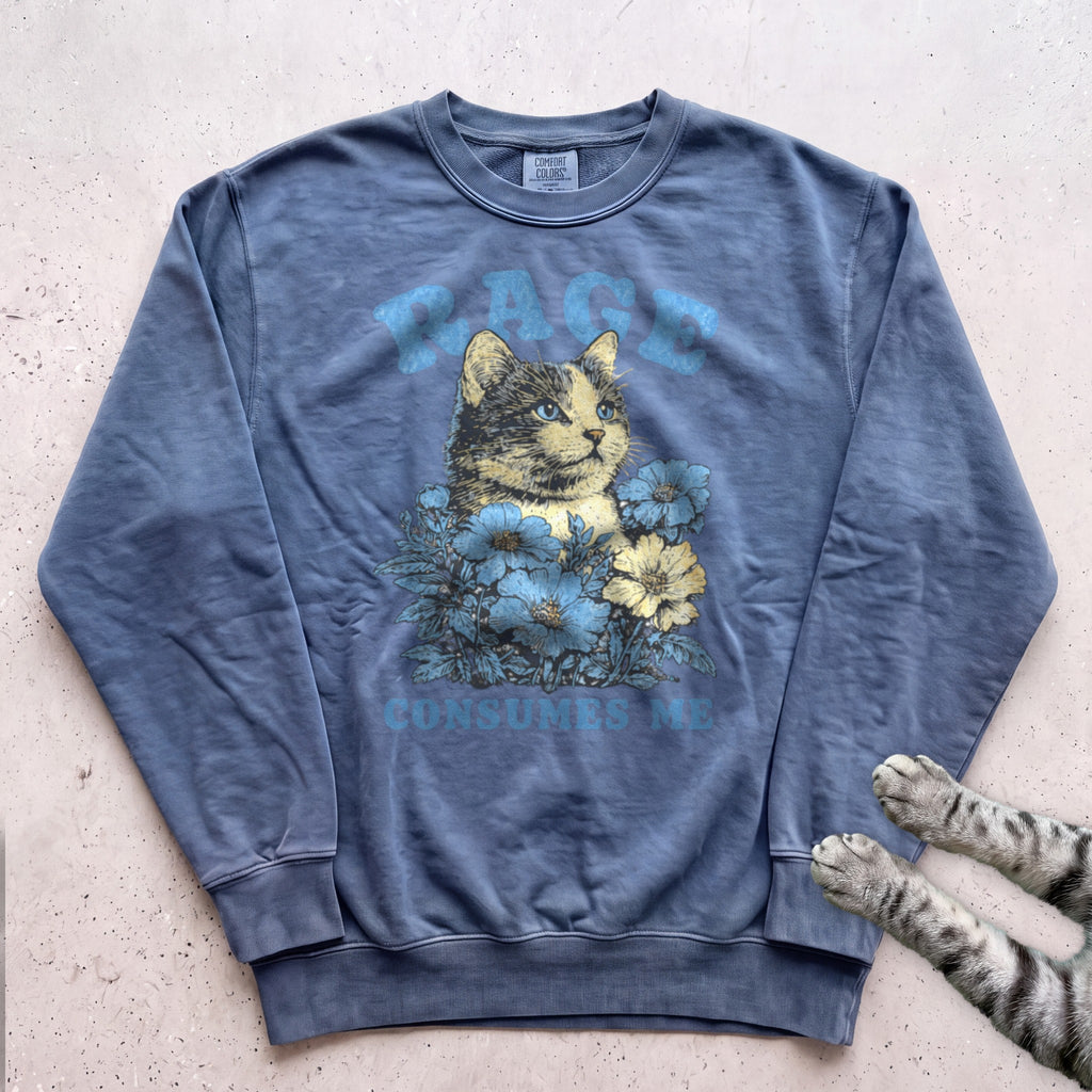 Rage Consumes Me Floral Cat Sweatshirt - Blue Jean