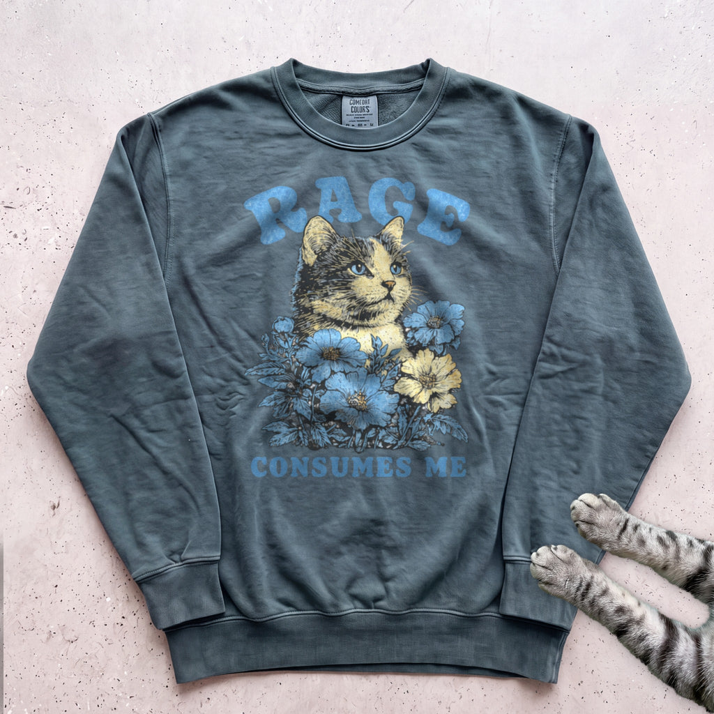 Rage Consumes Me Floral Cat Sweatshirt - Blue Spruce