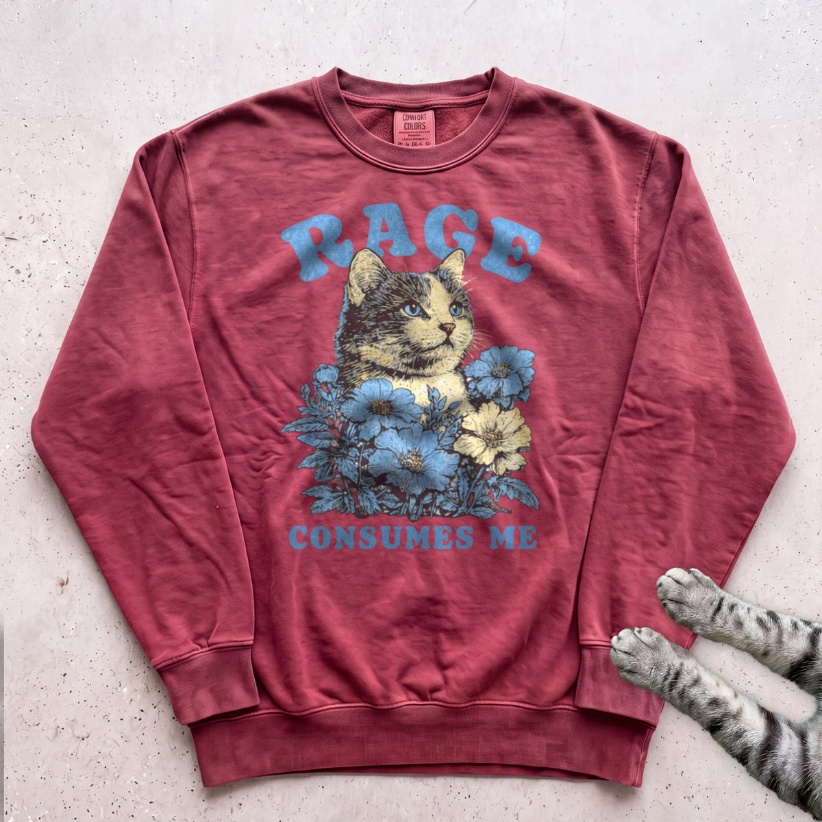 Rage Consumes Me Floral Cat Sweatshirt - Crimson
