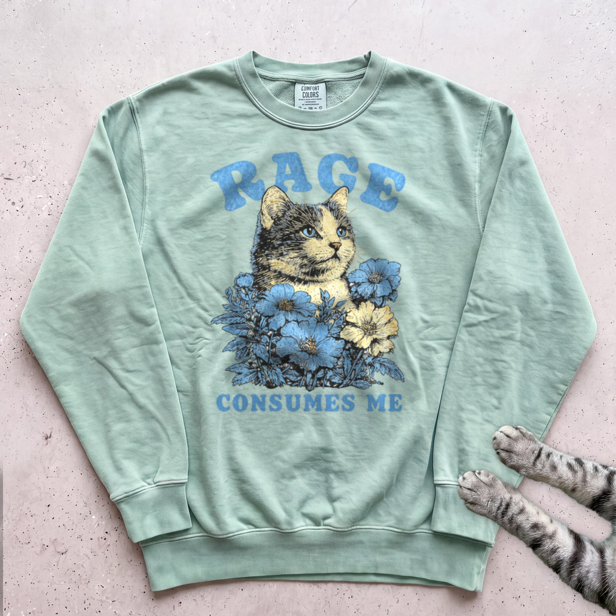 Rage Consumes Me Floral Cat Sweatshirt - Light Green