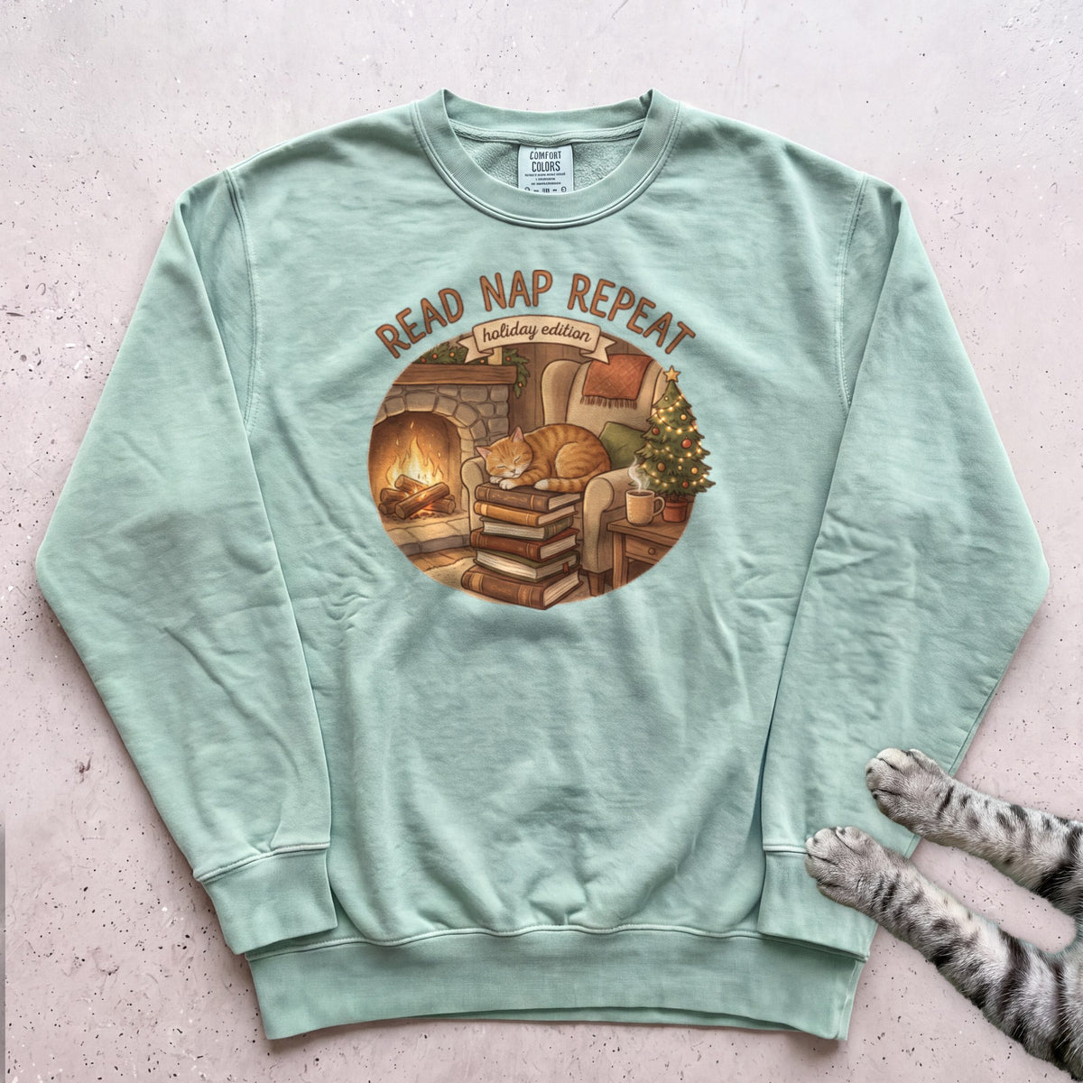 Read, Nap, Repeat Cat Sweatshirt - Light Green