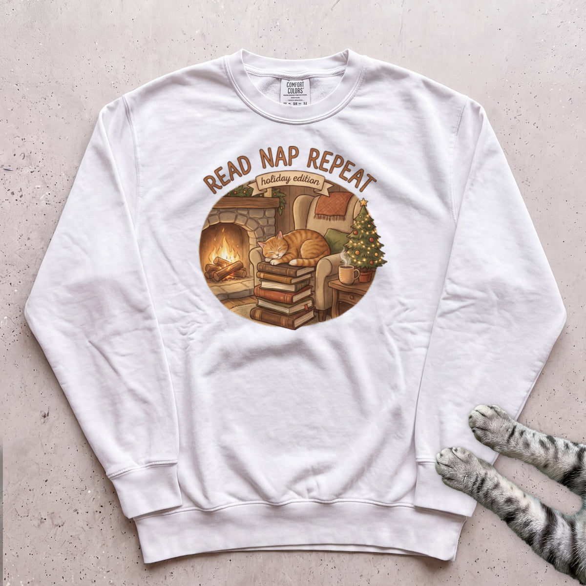 Read, Nap, Repeat Cat Sweatshirt - White